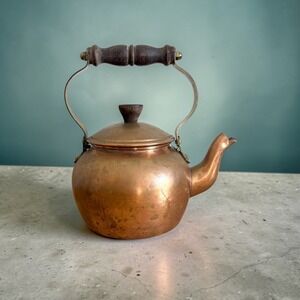 Vintage Small Italian Copper Tea Kettle Brass Handle Wood Grip Patina Italy